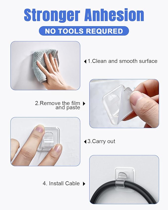 Hooks for Outdoor String Lights Clips: 50 Pack Square Clear Large Heavy Duty Light Hook Waterproof Adhesive Strips - Outside Hanging Rope Light Cable Cord Holders Organizer