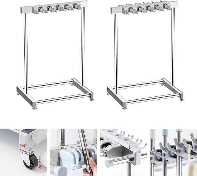 2. Removable Metal Broom Rack with Hooks Corrosion-Resistant Mop for Small Spaces Home Garage Storage Cleaning Tool Rack
