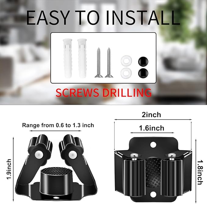 AKOAK Broom and Mop Rack Holder, Wall Storage Organizer, Screw Mount, Garden Tool Organizer Stainless Steel Mop Rack, Home, Kitchen, Bathroom, Garden, Garage Storage (12 PCS, Black)