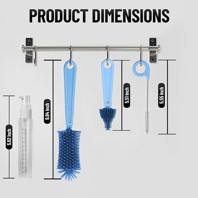 Bottle Brush Set Cleaner Silicone Brushes - Premium Food-Grade Silicone - Travel Friendly Portable Baby Bottle Cleaner Kit (Blue, Classic Style)