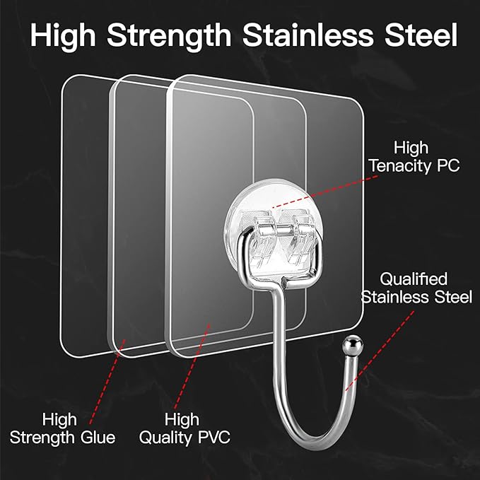 Large Adhesive Hooks for Hanging Heavy Duty 44 lb(Max) 30 Pack, 304 Stainless Steel Self Adhesive Sticky Hooks Waterproof Wall Hook for Home Bathroom Shower Kitchen Outdoor Utility Hook
