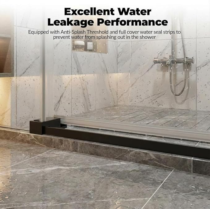 44-48" W x 76" H Sliding Shower Door, 1/4 Inch (6mm) Clear Tempered Glass, Matte Black Square Rail, Space-Saving Design for Modern Bathrooms
