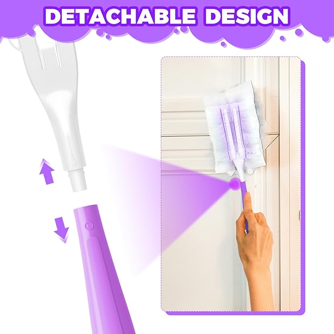 5PCS Duster Refills Folding Handles Set Compatible with Swiffer Dusters,Disposable Static Dust Removal Brush Handle for Dusting Electronics,Furniture,Blinds,Ceiling Fans (5, Purple)