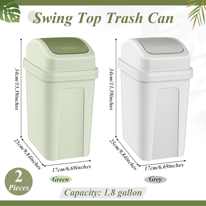 Sumind 2 Pcs 1.8 Gallon Bathroom Trash Can with Swing Lid Small Garbage Can Plastic Bathroom Trashcan Garbage Bin for Kitchen Waste Bedroom Room Outdoor (Green and Beige)