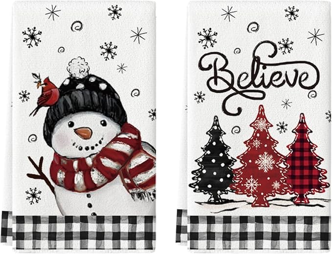 Artoid Mode Black Red Xmas Tree Snowman Christmas Kitchen Towels Dish Towels, 18x26 Inch Holiday Bird Believe Winter Decoration Hand Towels Set of 2