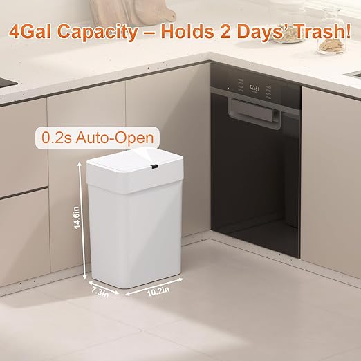 Gallon Motion Sensor Bathroom Trash Can with Lid, Automatic Garbage Bin for Bathroom, Slim Plastic Narrow Bedroom Trash Bin Garbage Can, 15L
