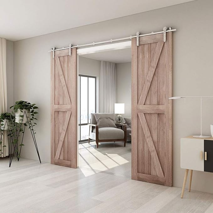 TSMST 6.6FT Sliding Barn Door Hardware Kit, Stainless Steel Heavy Duty Sturdy Barn Door Track for Double Wood Door, Slide Smoothly Quietly (I Style)