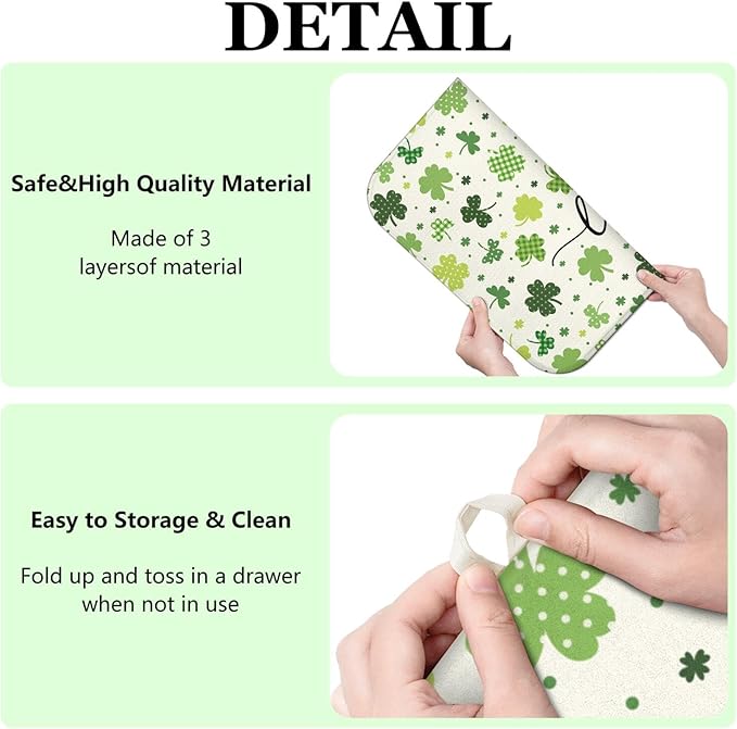 St. Patrick's Day Dish Drying Mat for Kitchen Counter, Green Four-Leaf Clover Microfiber Drain Mat, Shamrock Rug, Washable and Absorbent,16 x 18Inch