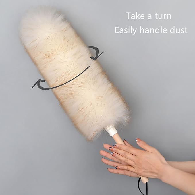Lambswool Duster with Wooden Handle,Reusable Feather Duster for Cleaning Furniture,Window Blinds,Bookshelves Etc (Color : White, Size : 18cm)