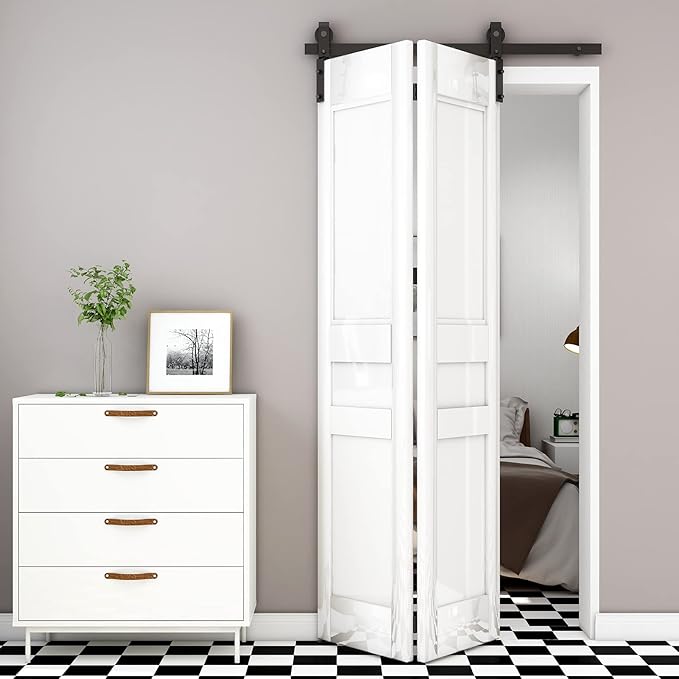 40" Bi-Folding Sliding Barn Door Hardware Track Kit,Smoothly&Quietly,Side Mounted Black Roller,Easy Install,Door Not Included [Fit Double 18" Bifold Doors]
