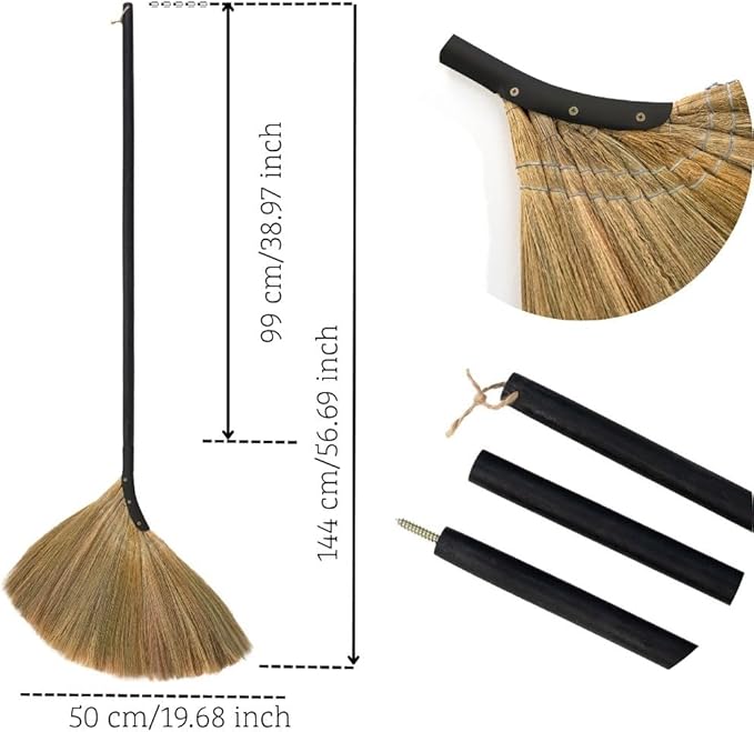 Vietnamese Straw Soft Broom - Indoor Grass Broom - Sweeping Hand with Black Long Handle Broomstick for House, Garage, Office, Lobby Room, Kitchen with 37.98 in Length