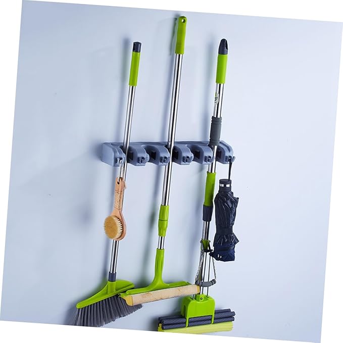 Cabilock Multi-purpose Wall Mounted Mop Holder with Friction Grips and Hooks Space-saving Tool Storage Rack for Bathroom Kitchen Garage and Garden Organization