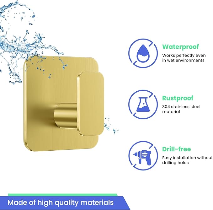 Gold Hooks for Hanging Heavy Duty, Adhesive Hooks for Shower, Bathroom, Kitchen, Robe, Towel, Coat, Waterproof & Rustproof Hook for Walls No Damage, Stainless Steel Sticky Hook - 6 Pack