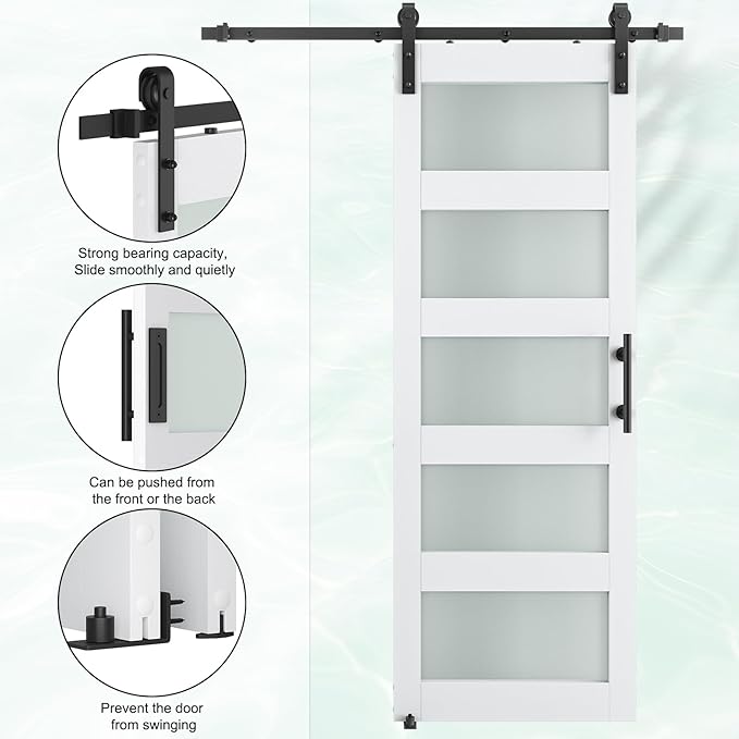 SMARTSTANDARD 30" x 84" Glass Barn Door with 5FT Hardware Kit Included, 5-Panel Glass, DIY Assembly Required, Waterproof PVC Coating, Pure White