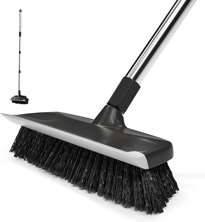 ITTAR Floor Scrub Brush with 55" Long Handle, 10" Wide Stiff Bristles Deck Brush, Stainsless Steel Pole Heavy-Duty Cleaning Brush, 2-in-1 Scrubber with Ruber Squeegee for Deck, Patio, Pool, Tile, Wall