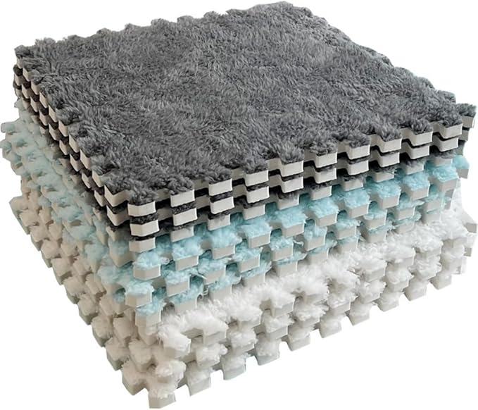 12Pcs Interlocking Carpet Tiles,12"x 12" Plush Interlocking Foam Carpet Tiles with Border,Fluffy Play Mat Floor Tiles Thick Padded Squares Foam Tiles for Playroom Decor (Grey+Yellow)