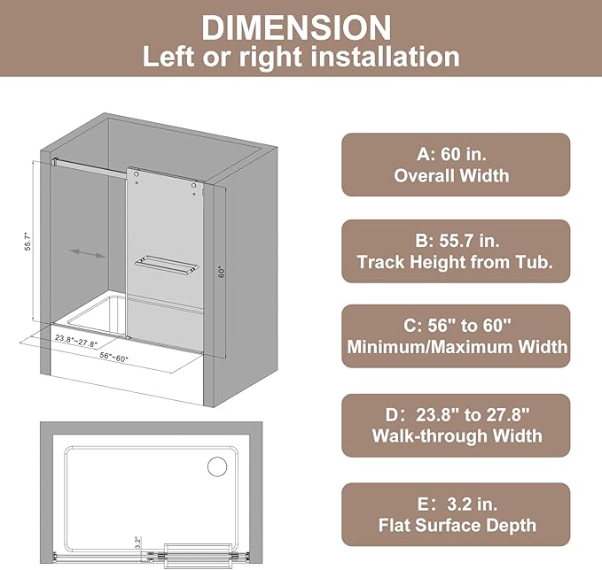 56-60" W x 60" H Double Sliding Bathtub Shower Door, 5/16" (8mm) Tempered Glass Frameless Bypass Shower Glass Door for Tub, Double Nano Coating, Pull Towel Rack (Black)