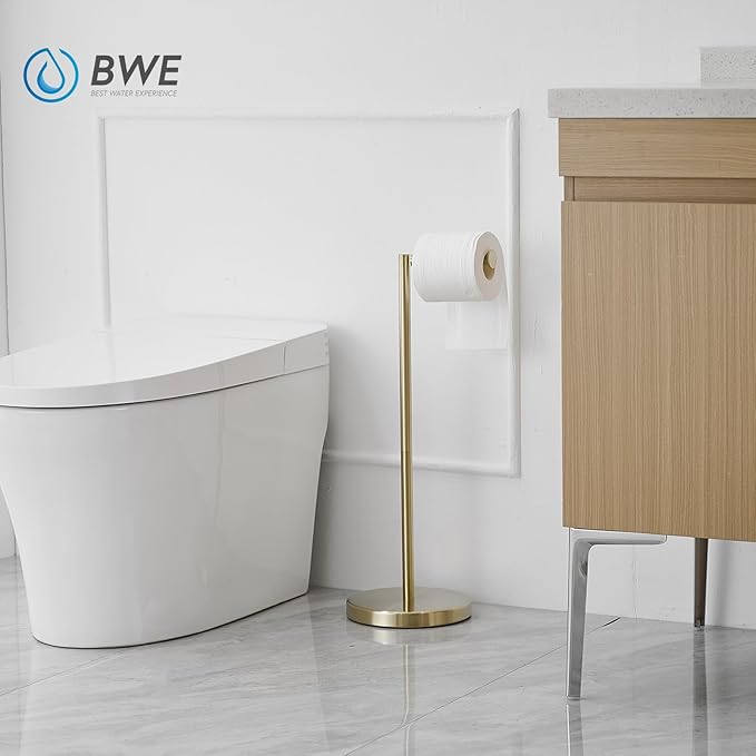 BWE Brushed Gold Toilet Paper Holder Stand Modern Tissue Roll Holder Storage for 4 Rolls of Paper, Stainless Steel Free Standing Toilet Paper Holder Bathroom Accessories with Weighted Base