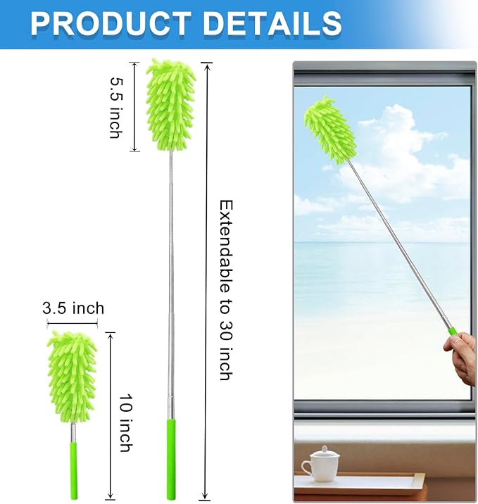 2 Pack Extendable Microfiber Feather Duster for Cleaning, Washable Dusters, Up to 30 Inch Reachable, Wet and Dry Use Cleaning Tools for Car, Ceiling Fan, Window, Furniture, Office