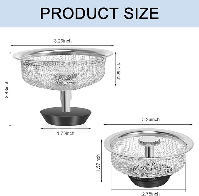 Kitchen Sink Strainer with Handle and Stopper Replacement Kitchen Sink Drain Basket/Stopper/Plug 3.3 Inch Stainless Steel Kitchen Sink Drain Strainer Mesh Sifter Filter(‎Silver)