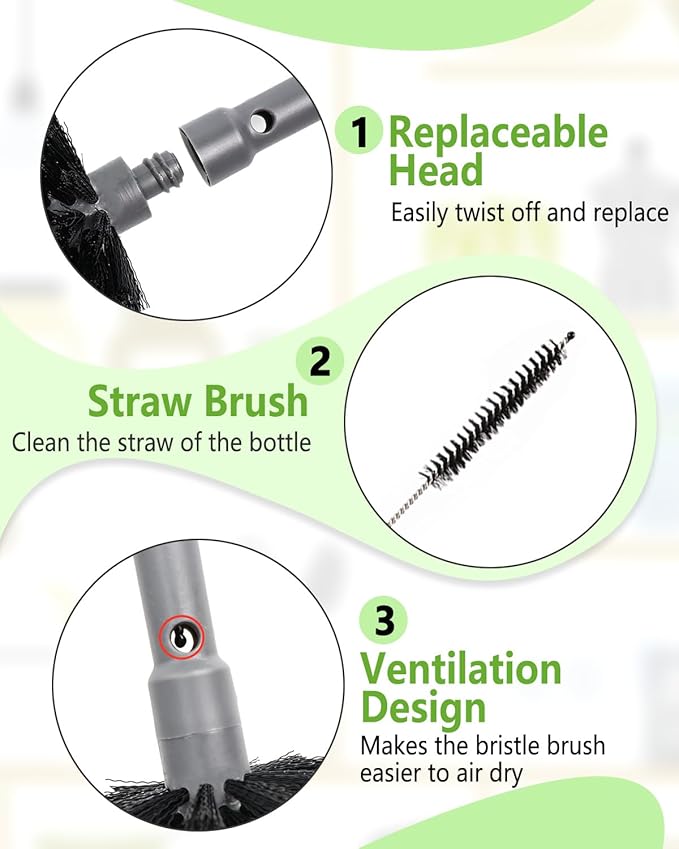 2-in-1 Bottle Brush Cleaner Kit Set,Long Water Bottle Cleaning Brushes,Hidden Straw Brush in Handle,BPA-Free Dishwasher-Safe,for Stanley & Owala Water Bottle,Baby Bottles Cup(Grey)