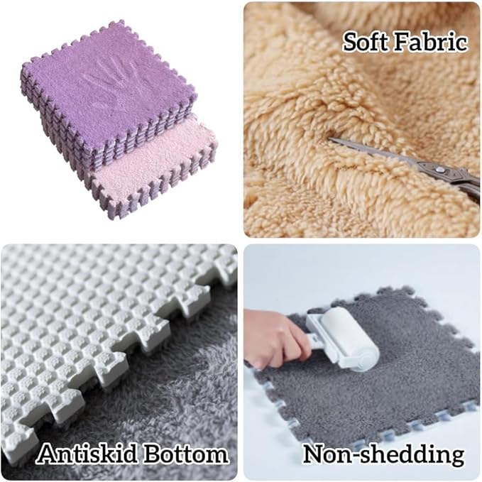 12Pcs Interlocking Carpet Tiles,12"x 12" Plush Interlocking Foam Carpet Tiles with Border,Fluffy Play Mat Floor Tiles Thick Padded Squares Foam Tiles for Playroom Decor (White+Khaki)