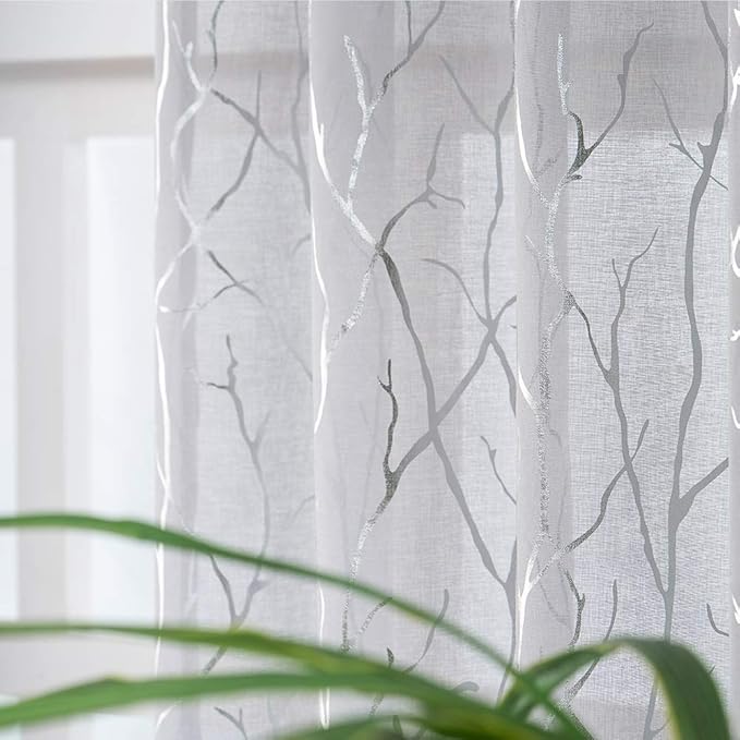 FINECITY Silver Grey Sheer Curtains for Bedroom - Metallic Silver Sparkle Sheer Curtains 63 Inch Length Rod Pocket Sheer Window Curtains Short Printed Twig Pattern, 52 x 63 Inches, 2 Panels, Gray