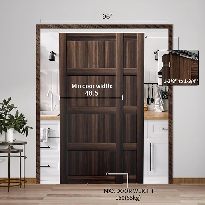 Heavy Duty Bypass Sliding Closet Door Track Hardware 96", 8 FT Aluminium Pocket Track Rail Set, Smoothly and Quietly, for 2 Door System,Silver