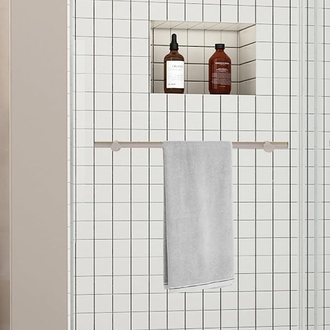 Sunrosa Frameless Double Sliding Shower Door 56 1/8-60" W x 76" H, 5/16" (8mm) Thick Easy-Clean Tempered Glass, Soft-Close Adjustable Shower Door with Towel Bar, Brushed Nickel Finish