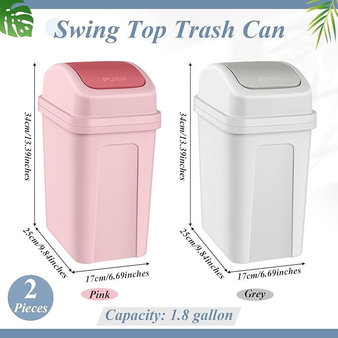 Sumind 2 Pcs 1.8 Gallon Bathroom Trash Can with Swing Lid Small Garbage Can Plastic Bathroom Trashcan Garbage Bin for Kitchen Waste Bedroom Room Outdoor (Pink and Beige)