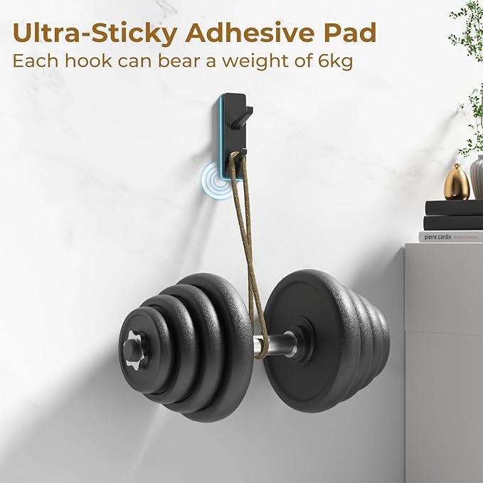 Black 6 Pack Aluminum Coat Hooks, Heavy Duty Self Adhesive Hooks for Hanging, 13LB Capacity, Bathroom Towel Shower Kitchen Door Hooks, 6 Pack