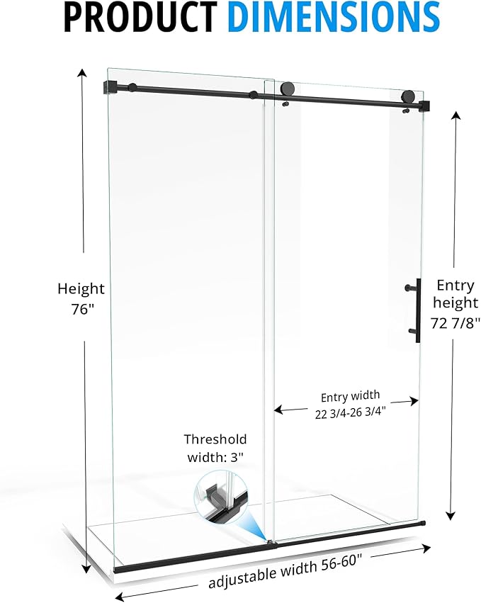Frameless Sliding Shower Door 56–60 in W x 76 in H, 10mm Clear Tempered Glass Shower Doors Glass Sliding 60 Inches, Single Nano Coating, Stainless Steel Hardware, Silent Smooth Rollers, Matte Black