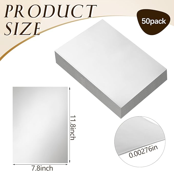 Yaocom 50 Packs Aluminum Metal Crafts DIY Foil 7.8 Inch x 11.8 Inch x 0.07 mm Thick for Art Project Aluminum Flashing Roll Wide Sheet Multipurpose Metal Sheet(Silver)