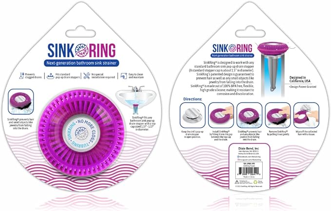 Bathroom Sink Hair Catcher for Pop-Up Drain – SinkRing 1.57" Precision Strainer for Bathroom Sink Drains | Clog-Free Hair Trap for Contacts, Earrings, Jewelry | No Suction or Screws – Purple