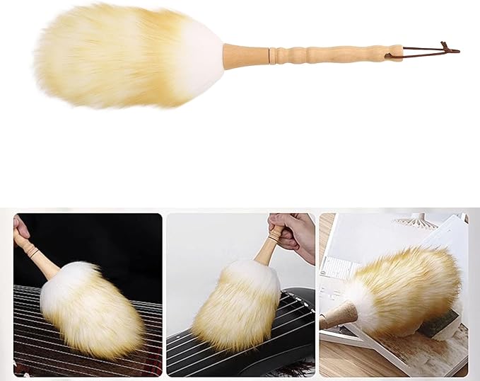 Cleaning Brush, Duster, Multifunctional, Wooden Handle, Lambswool, Duster Blinds, Table, Piano (Long Handle)