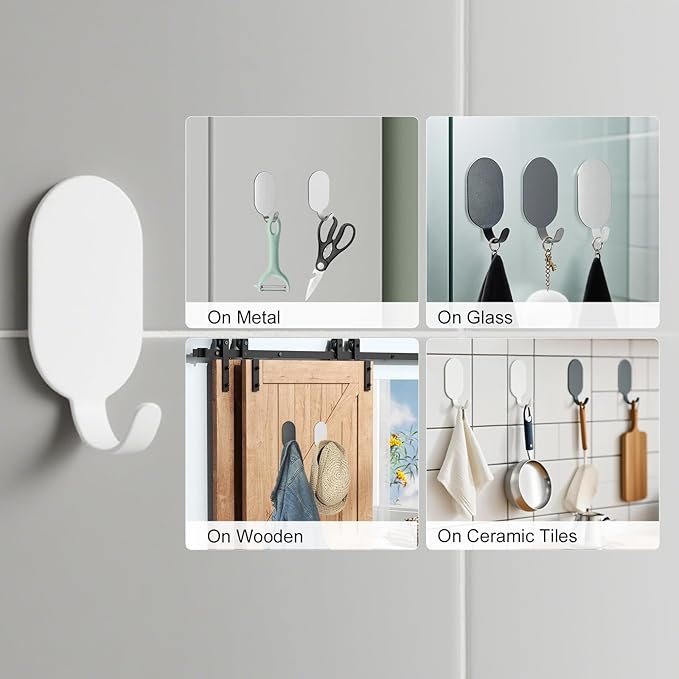 Sticky Adhesive Hooks for Hanging, Stainless Steel Hooks, Key Hooks, Towel Hooks, Coat Hooks, Command Hooks Wall Mount Hanger Door Hook Kitchen Utility Hooks, Drill Free No Damage 10 Pcs (White)
