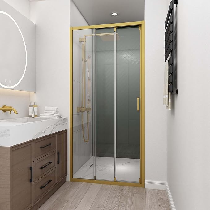 36" W x 78" H 3-Panels Sliding Shower Door, Shower Door Clear 6mm Tempered Glass with Brushed Gold Frame, 3-Panels Sliding Shower Easy to Clean,Three-Panel Synchronized Shower Sliding Door