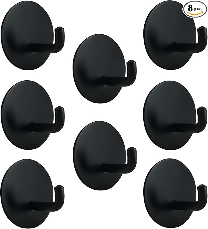 Adhesive Towel Hooks for Bathroom, 15LB Strong Hanger Stick on Wall and Door No Damage, Drill Free, Waterproof, Stainless Steel Sticky Hooks for Hanging, Matte Black, 8 Pack