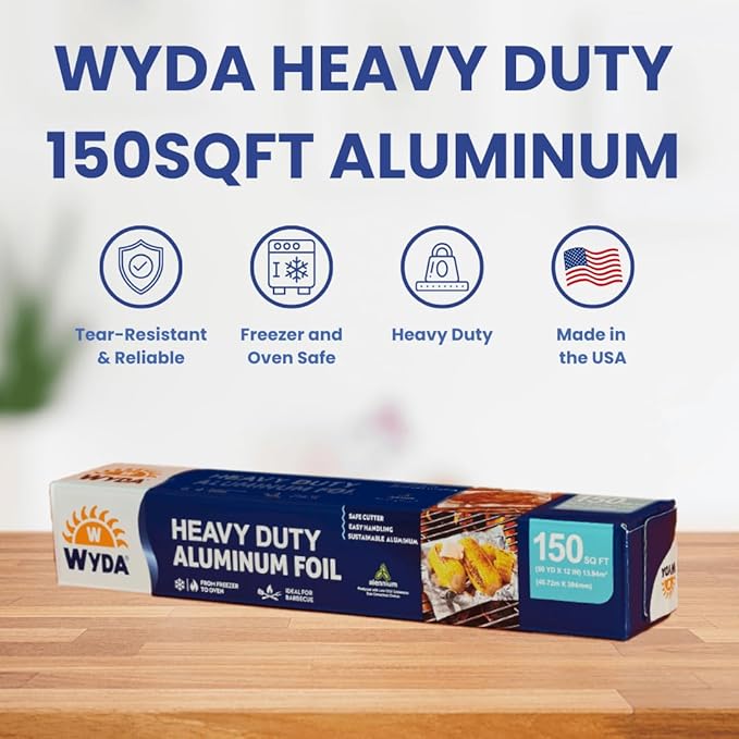 Wyda Heavy Duty Aluminum Foil – 150 Sq Ft (50 Yd x 12 In) |Strong Food-Grade with Built-In Cutter for Baking, Grilling, Cooking & Food Storage | Oven & Freezer Safe, Recyclable
