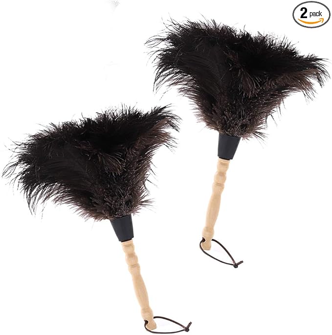 Natural Black Ostrich Feather Duster,2 Packs,Car Duster Interior/Exterior Cleaner, Cleaning for Blinds Kitchen Keyboard Office, Smart and Soft and Fluffy (Black)