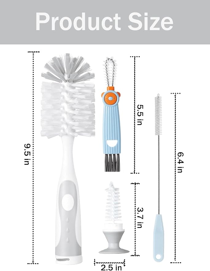 Baby Bottle Brush Set 4 in 1, Baby Bottle Cleaner, with 1P Nylon Bottle Brush, 1P Bottle Cap Brushes, 2P Straw Brushes, Bottle Brush with Nipple Cleaner and Suction Cup, BPA-Free(Grey)
