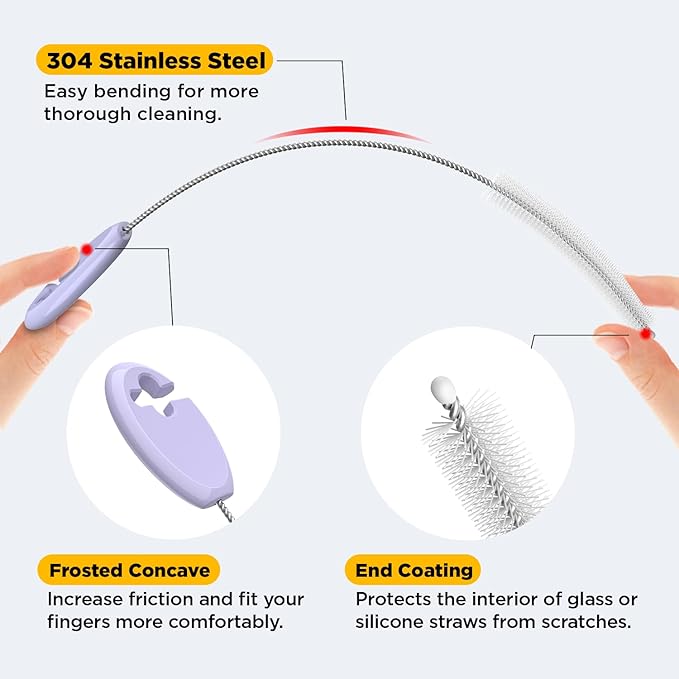 Straw Brush Set, 4 Piece Cleaner Kit with Standable Key Ring for Reusable Straws, Tumblers & Water Bottles – Designed for Kids & Adults, Purple
