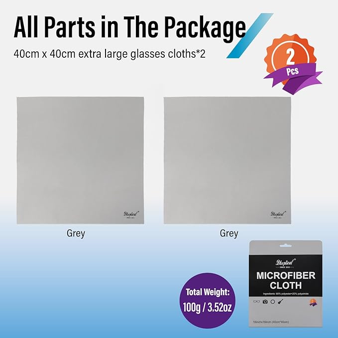 2 Park 16''x16'' Extra Large Oversized Microfiber Cleaning Cloth 40×40cm for Eyeglasses, Jewelry, Electronics Screens, Washable, Camera Lens (Gray 2 Piece)