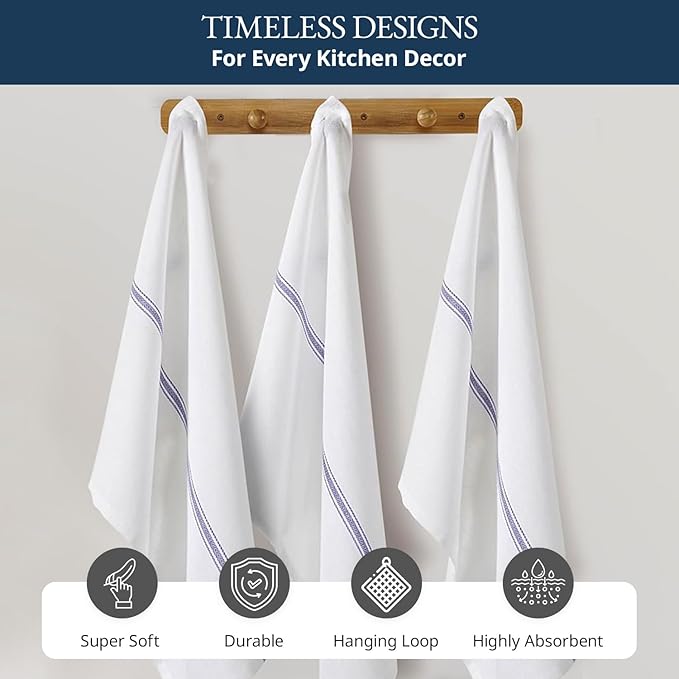 LANE LINEN Kitchen Towels Bulk Set - 100% Pure Cotton Dish Towels for Kitchen, Super Absorbent Kitchen Hand Towel, Blue Tea Towels, Soft & Durable Dish Cloths, Pack of 48 – 15”x25”, Blue Stripe