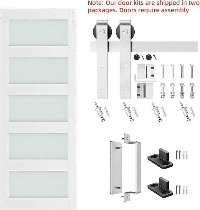 SmartStandard 28 x 84 inch Glass Barn Door with 5FT Brushed Nickel Sliding Hardware Kit & Handle, Pre-Drilled Ready to Assemble, Waterproof PVC Coating, White, 5-Panel Glass