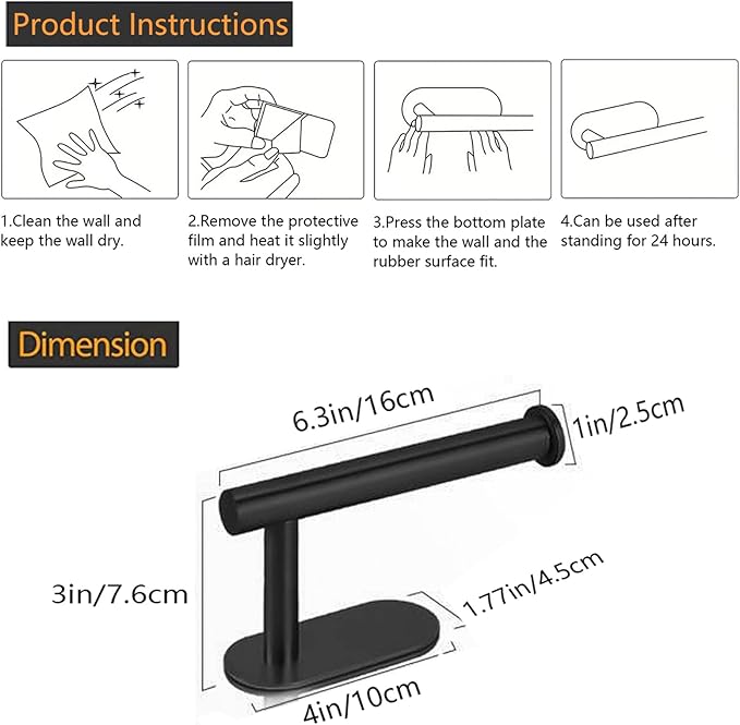 Toilet Paper Holder - Self Adhesive Toilet Paper Holder Wall Mount for Bathroom, SUS 304 Stainless Steel Command Strip Toilet Paper Roll Holder Stick On Wall, No Drilling - Matte Black