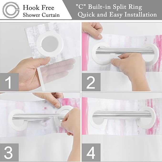 No Hook Shower Curtain with Snap in Liner, Hotel Style Hot Pink White Gold Brush Strokes Art Modern Shower Curtain Waterpoof Washable with See Through Top Window,71"x86"