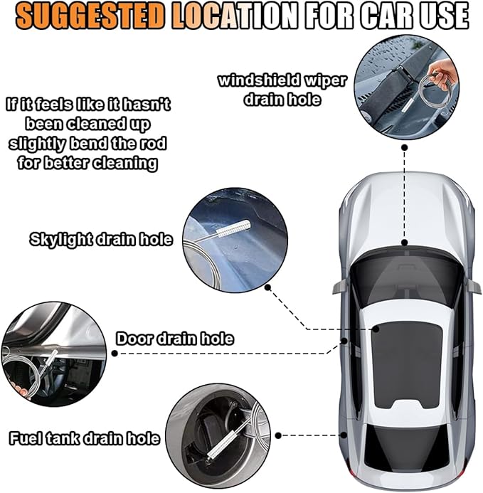 60 Inch Long Drain Wire Brush Hose Flexible Feeding Tube Pipe Cleaning Brush - Nylon Stainless Steel Auto Sunroof Drain Cleaning Tool & 2 Slim Straw Cleaning Brush for Cars, Fridges