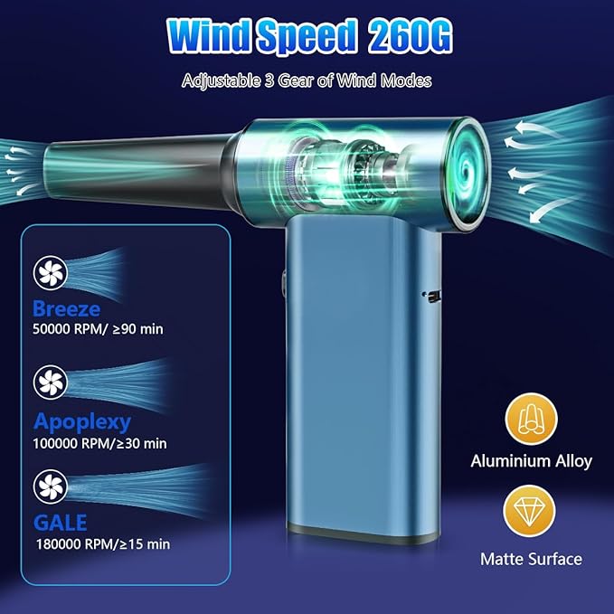 DSHDING Metal Compressed Air Duster - 180000RPM High-Speed Mini Blower Cordless & Vacuum Cleaner with LED Light, 3-Gear Adjustable Rechargeable Dust Blower for PC, Keyboard, Outdoor, House and Car