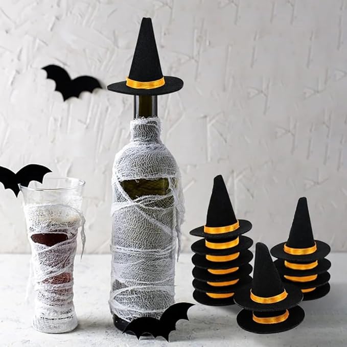 Mini Witch Hats and Mini Broom for Halloween Decorations Wizard Accessory for Party DIY Crafts Accessories (Black)